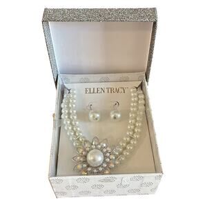 Ellen Tracy Pearl Necklace and Earrings Set New in Box Art Deco Glam Classic